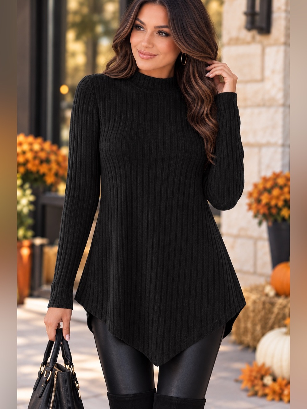 Black Ribbed Mock Neck Handkerchief Hem Long Sleeve Top Women’s Large